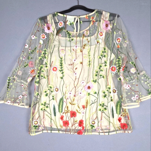 Bedford Fair‎ Embroidery Floral Lace Blouse With Tank Boho Size M - Picture 6 of 9